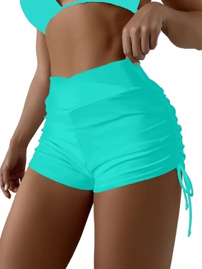 HYTENSUN Women's High Waisted V Cut Swim Shorts Ruched Board Shorts Tie Side Swimsuit Bottoms