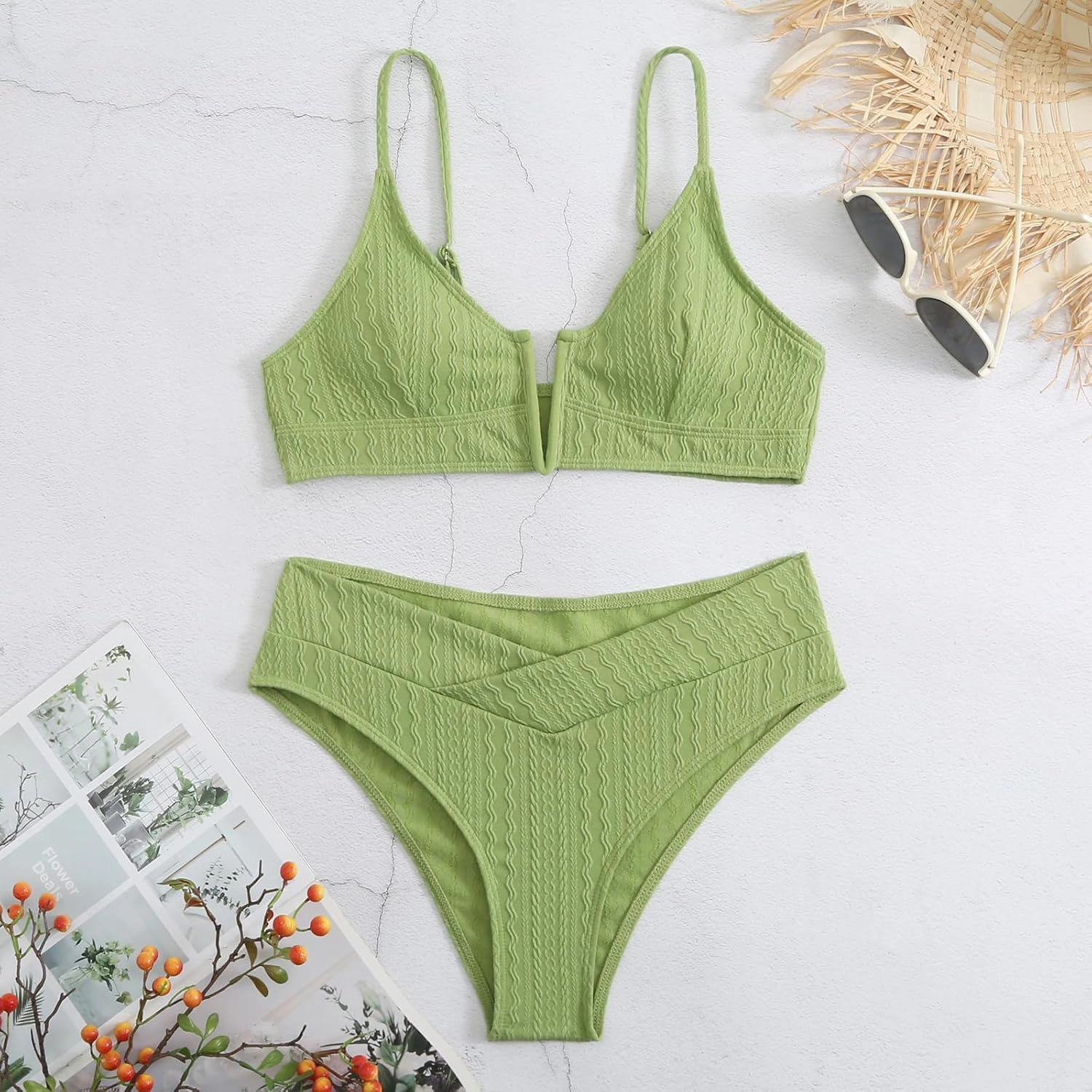 HYTENSUN Women's V Cut High Waisted Bikini Ribbed V-Wired Cami Two Pieces Swimsuit