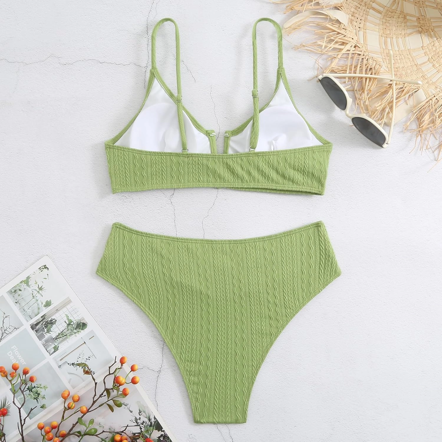 HYTENSUN Women's V Cut High Waisted Bikini Ribbed V-Wired Cami Two Pieces Swimsuit
