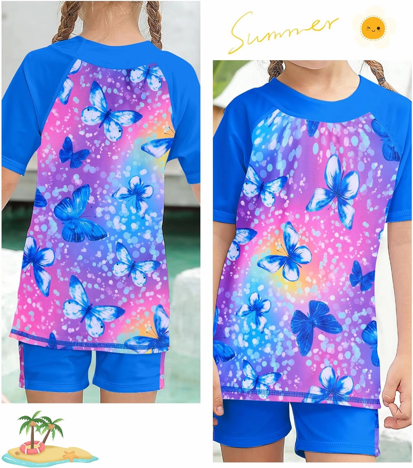Idgreatim 3-8 Years Girls Swimsuit Rash Guard Set Short Sleeve Two Piece Bathing Suit Summer Beach UPF 50  Swimwear