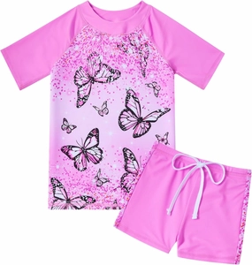 Idgreatim 3-8 Years Girls Swimsuit Rash Guard Set Short Sleeve Two Piece Bathing Suit Summer Beach UPF 50  Swimwear