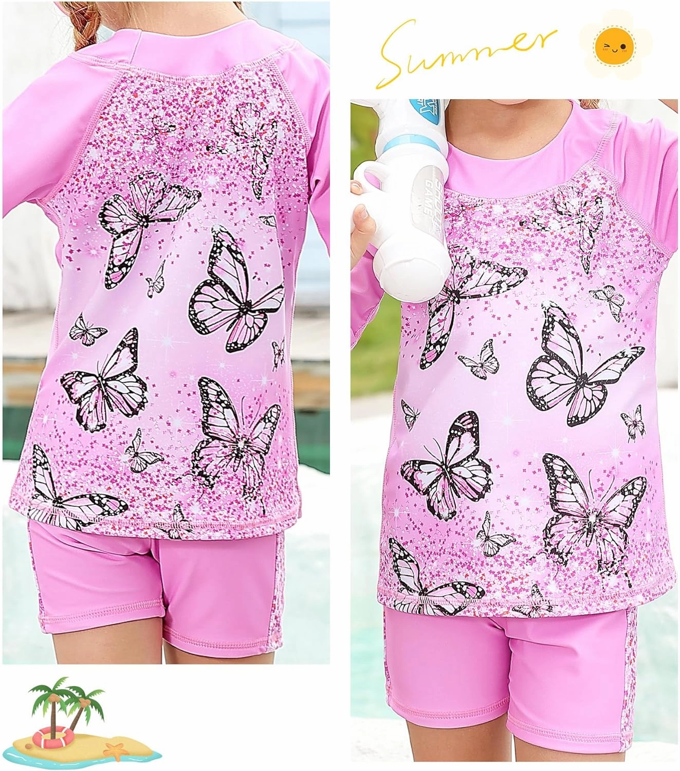 Idgreatim 3-8 Years Girls Swimsuit Rash Guard Set Short Sleeve Two Piece Bathing Suit Summer Beach UPF 50  Swimwear