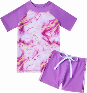 Idgreatim 3-8 Years Girls Swimsuit Rash Guard Set Short Sleeve Two Piece Bathing Suit Summer Beach UPF 50  Swimwear