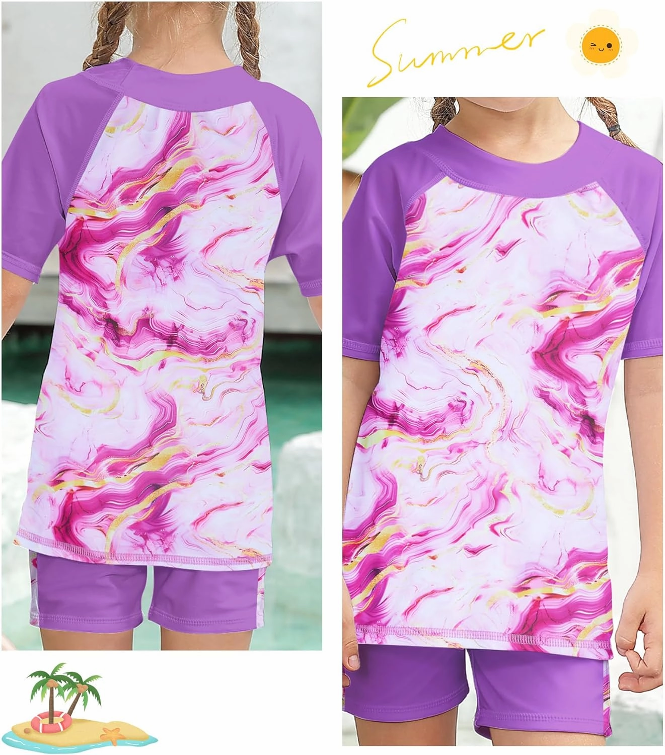 Idgreatim 3-8 Years Girls Swimsuit Rash Guard Set Short Sleeve Two Piece Bathing Suit Summer Beach UPF 50  Swimwear