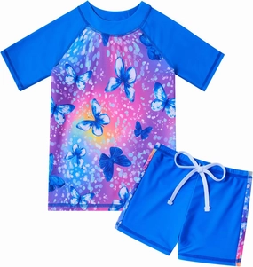 Idgreatim 3-8 Years Girls Swimsuit Rash Guard Set Short Sleeve Two Piece Bathing Suit Summer Beach UPF 50  Swimwear