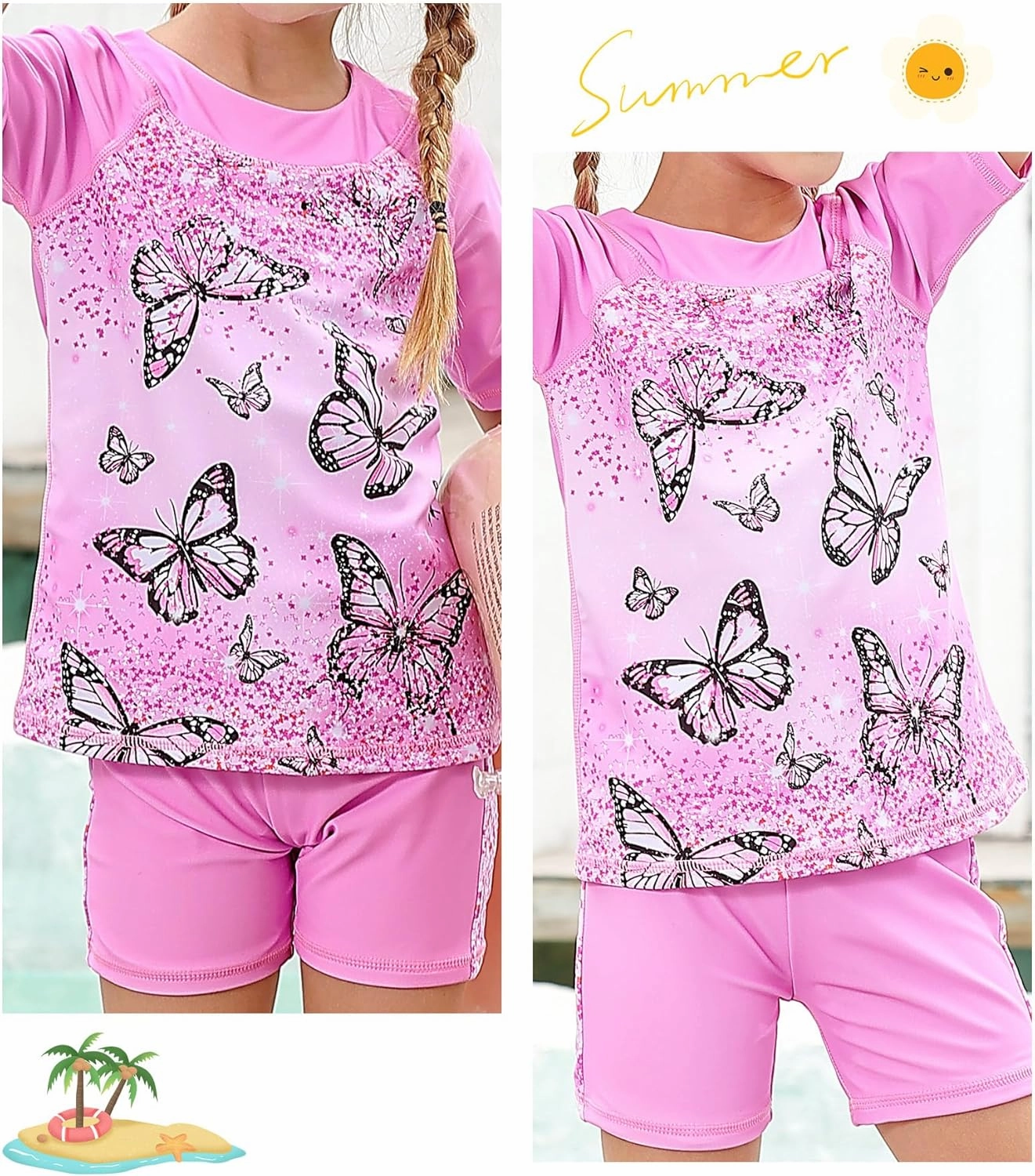 Idgreatim 3-8 Years Girls Swimsuit Rash Guard Set Short Sleeve Two Piece Bathing Suit Summer Beach UPF 50  Swimwear