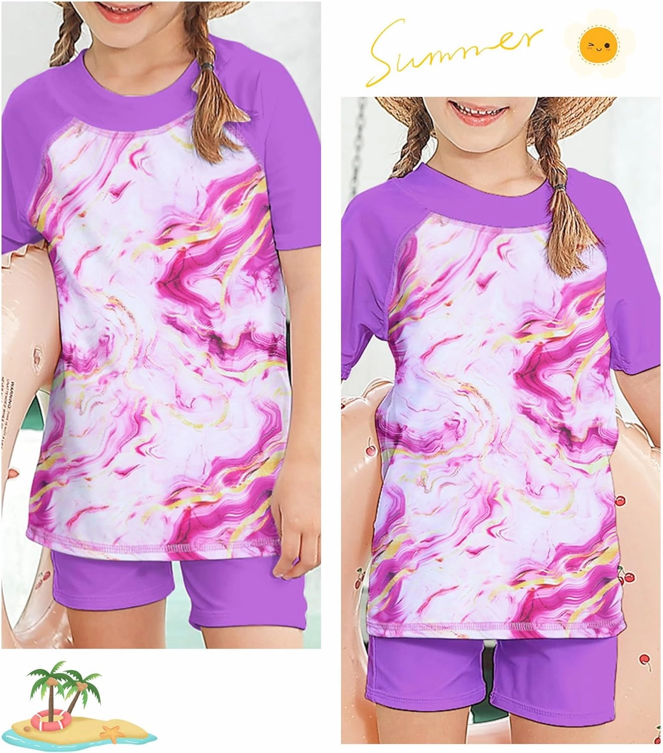 Idgreatim 3-8 Years Girls Swimsuit Rash Guard Set Short Sleeve Two Piece Bathing Suit Summer Beach UPF 50  Swimwear