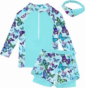 Idgreatim 5-12 Years Girls Swimsuits 3 Piece Rashguard Set with Headband Long Sleeve UPF 50  Bathing Suit with Zipper