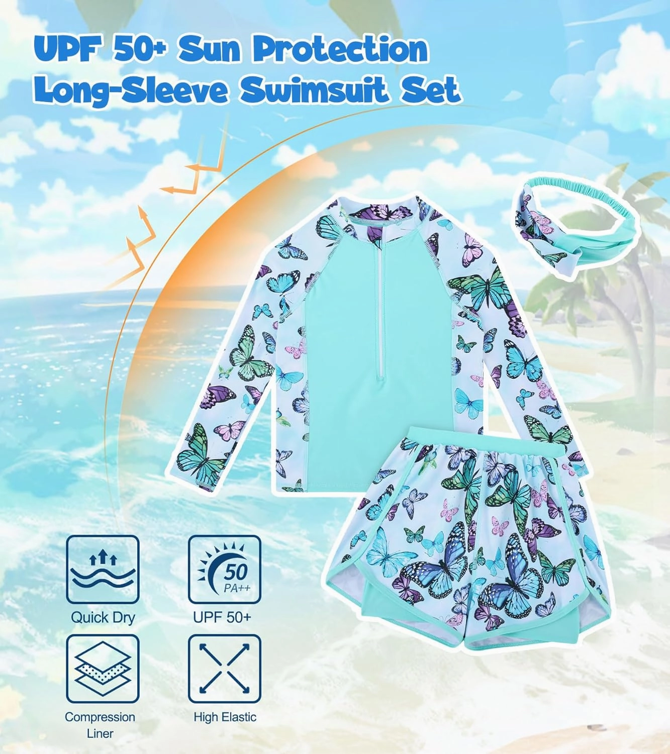 Idgreatim 5-12 Years Girls Swimsuits 3 Piece Rashguard Set with Headband Long Sleeve UPF 50  Bathing Suit with Zipper