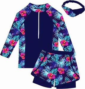 Idgreatim 5-12 Years Girls Swimsuits 3 Piece Rashguard Set with Headband Long Sleeve UPF 50  Bathing Suit with Zipper