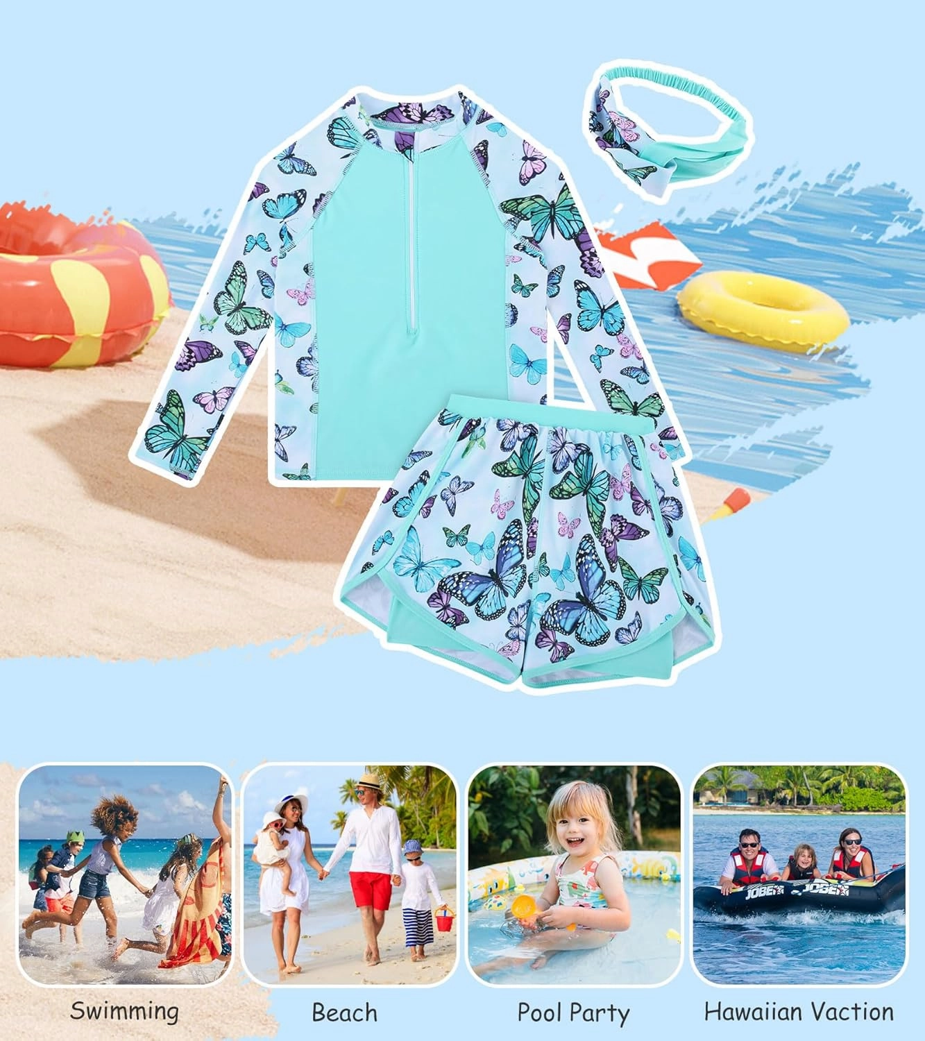 Idgreatim 5-12 Years Girls Swimsuits 3 Piece Rashguard Set with Headband Long Sleeve UPF 50  Bathing Suit with Zipper