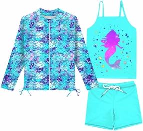 Idgreatim 5-12 Years Girls Swimsuits Long Sleeve Rash Guard Bathing Suit 3 Piece Tankini Sets