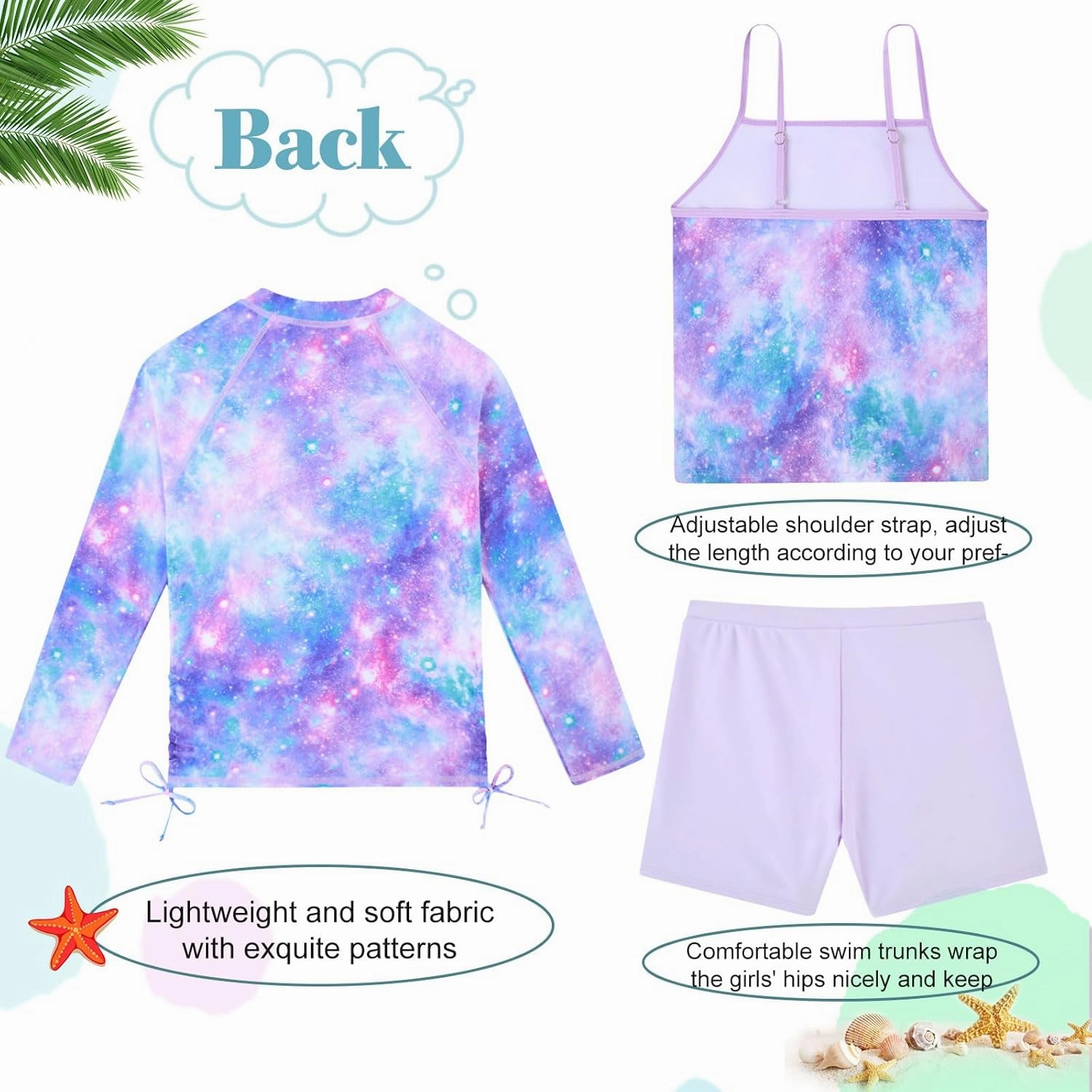 Idgreatim 5-12 Years Girls Swimsuits Long Sleeve Rash Guard Bathing Suit 3 Piece Tankini Sets