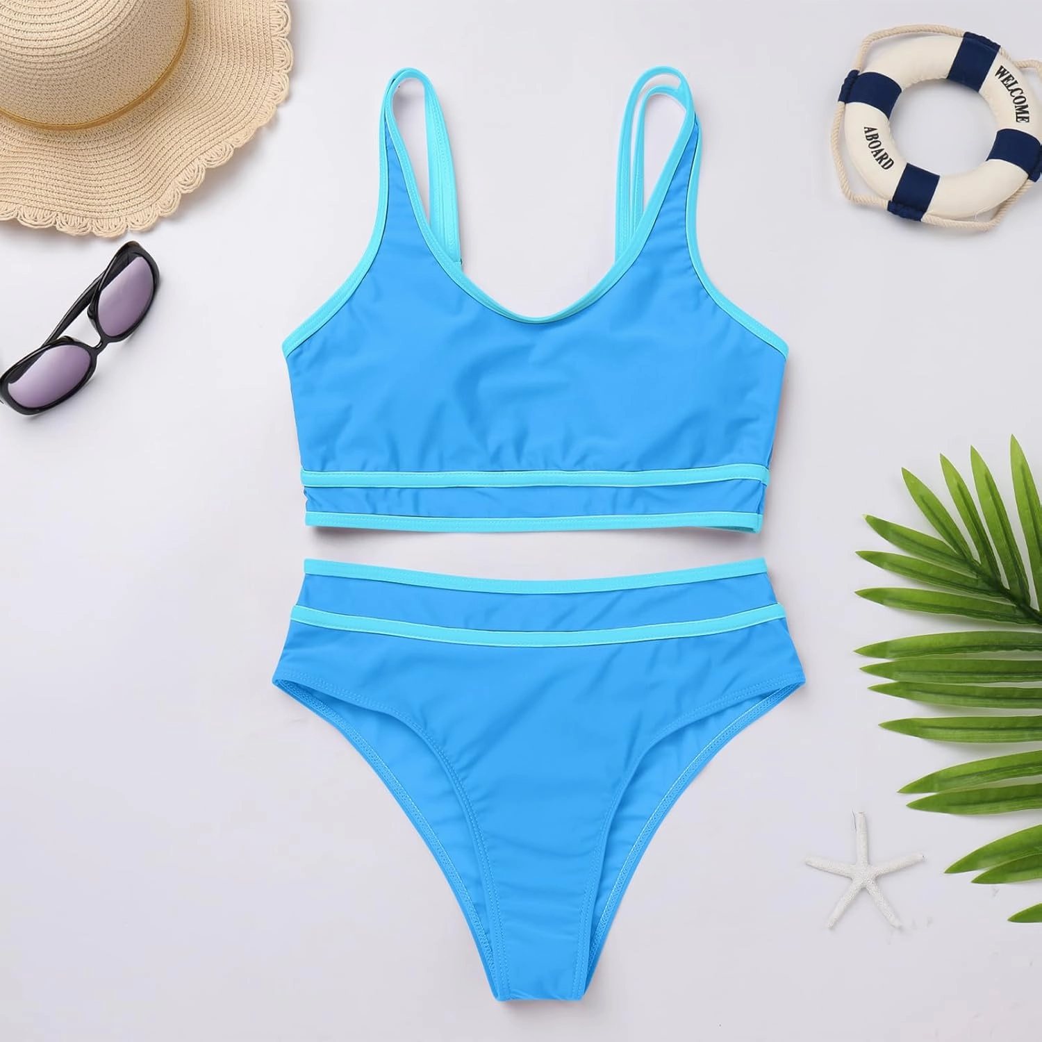 IKADEX Women High Waist Bikini Set Color Block Sporty Two Piece Swimsuit Tummy Control Bathing Suit