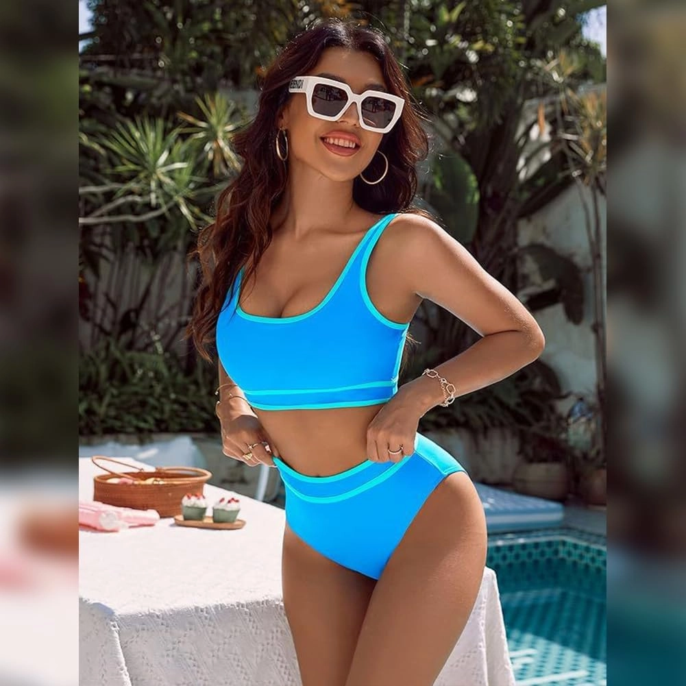 IKADEX Women High Waist Bikini Set Color Block Sporty Two Piece Swimsuit Tummy Control Bathing Suit