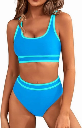 IKADEX Women High Waist Bikini Set Color Block Sporty Two Piece Swimsuit Tummy Control Bathing Suit