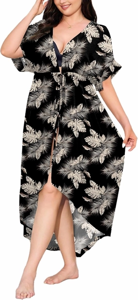 IN'VOLAND Women Plus Size Long Cover up Stripe Bikini Coverups Kimono Tie Front Bathing Suit Swimsuit Beachwear