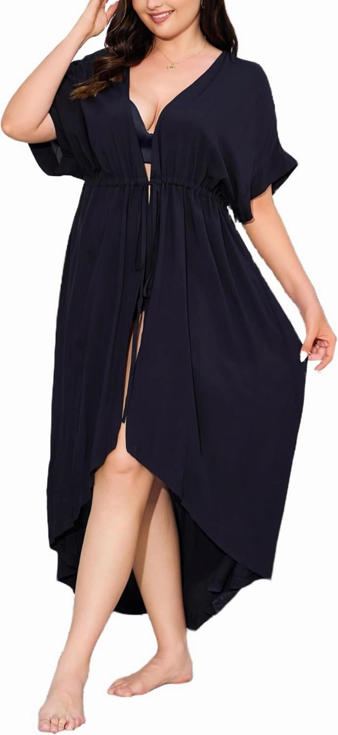 IN'VOLAND Women Plus Size Long Cover up Stripe Bikini Coverups Kimono Tie Front Bathing Suit Swimsuit Beachwear