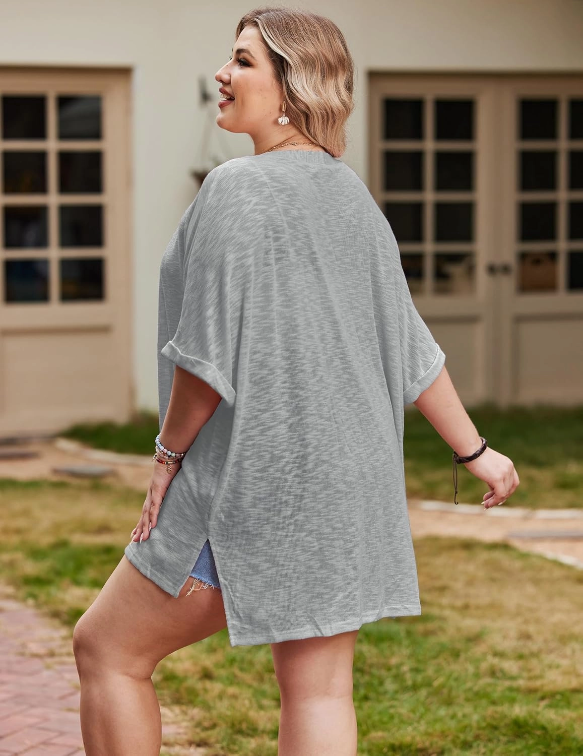 IN'VOLAND Womens Plus Size Lightweight Cardigan Open Front Short Sleeve Casual Loose Fit Beach Cover Up