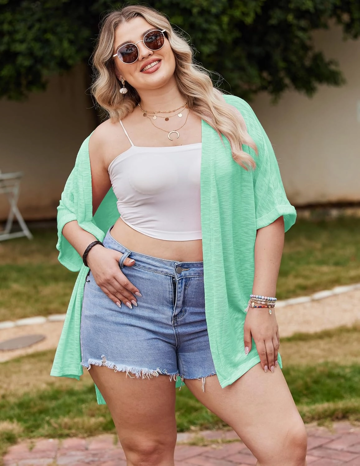 IN'VOLAND Womens Plus Size Lightweight Cardigan Open Front Short Sleeve Casual Loose Fit Beach Cover Up