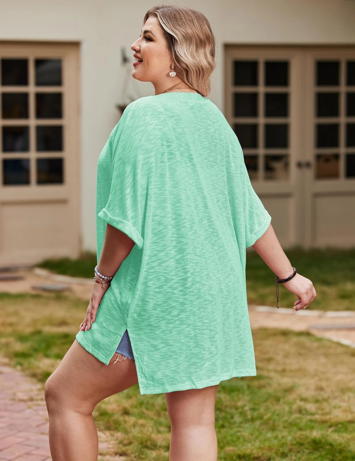 IN'VOLAND Womens Plus Size Lightweight Cardigan Open Front Short Sleeve Casual Loose Fit Beach Cover Up