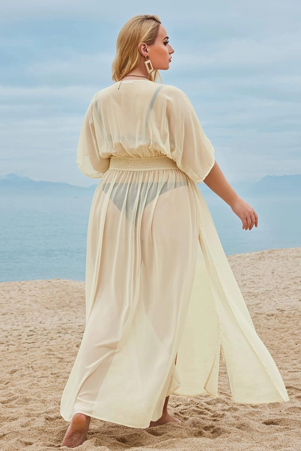 IN'VOLAND Womens Plus Size Swimsuit Cover Up Deep V Neck Bathing Suit Swimwear Bikini Coverup Long Split Kaftan Kimono Dress