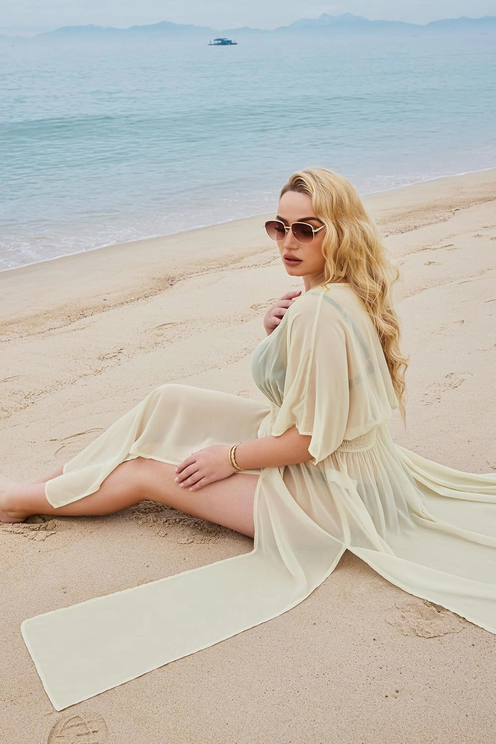 IN'VOLAND Womens Plus Size Swimsuit Cover Up Deep V Neck Bathing Suit Swimwear Bikini Coverup Long Split Kaftan Kimono Dress