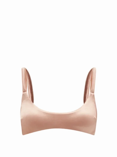 ISA BOULDER Gather Scoop-Neck Satin-Jersey Fona Brown Bikini Swim Top