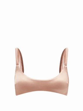 ISA BOULDER Gather Scoop-Neck Satin-Jersey Fona Brown Bikini Swim Top