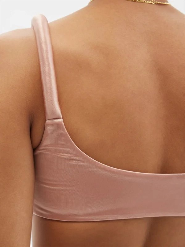 ISA BOULDER Gather Scoop-Neck Satin-Jersey Fona Brown Bikini Swim Top