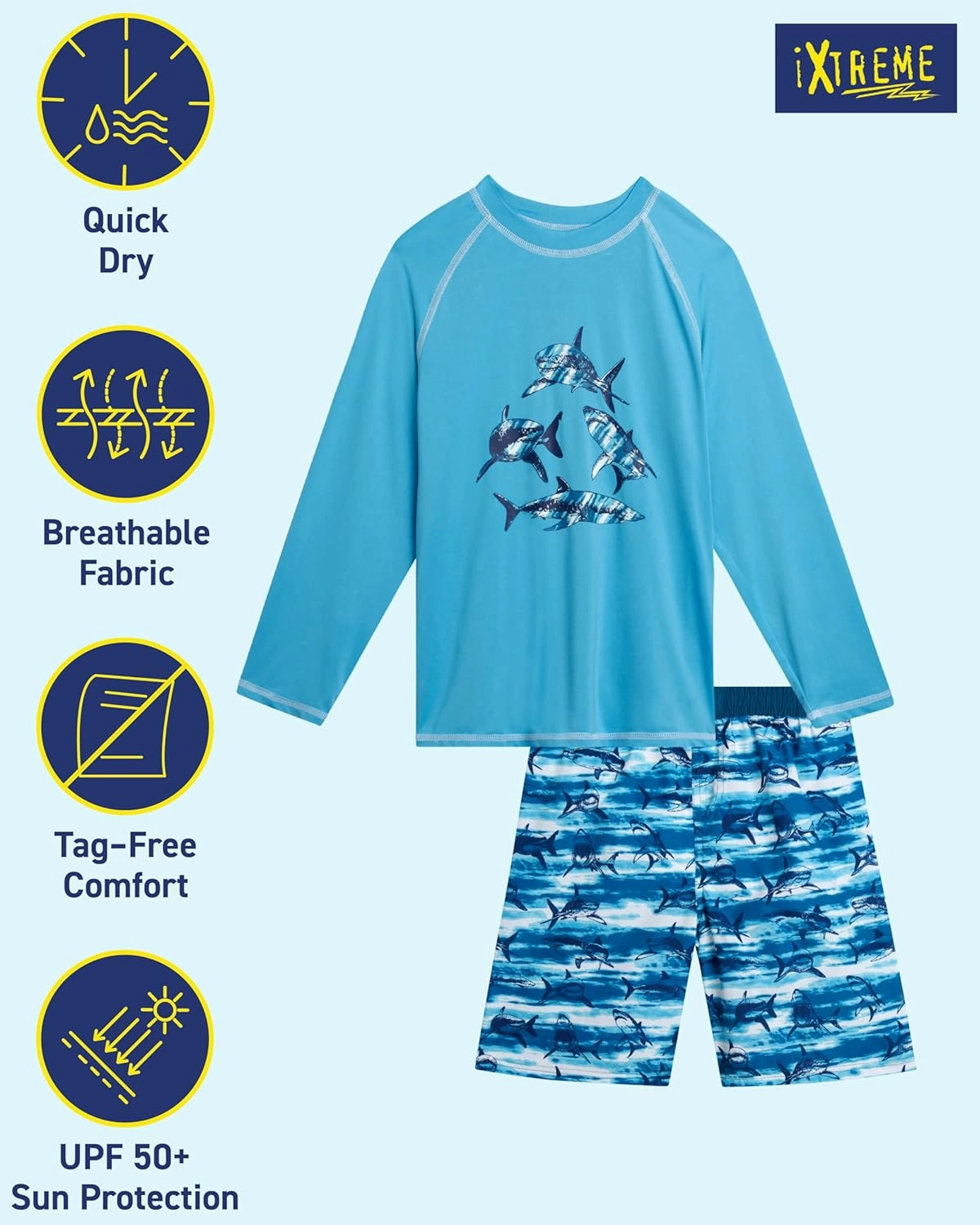 iXtreme Boys Rash Guard Set - 2 Piece UPF 50  Quick Dry Long Sleeve Swim Shirt and Swim Trunks for Boys (Sizes: 2T-14)