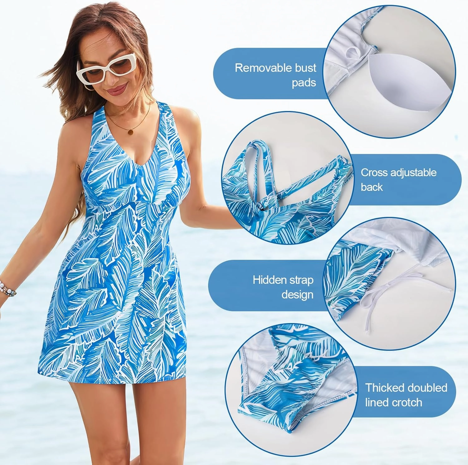 JASAMBAC One Piece Swimdress Swimsuits for Women Tummy Control V Neck Skirt Swimwear A Line Print Bathing Suits