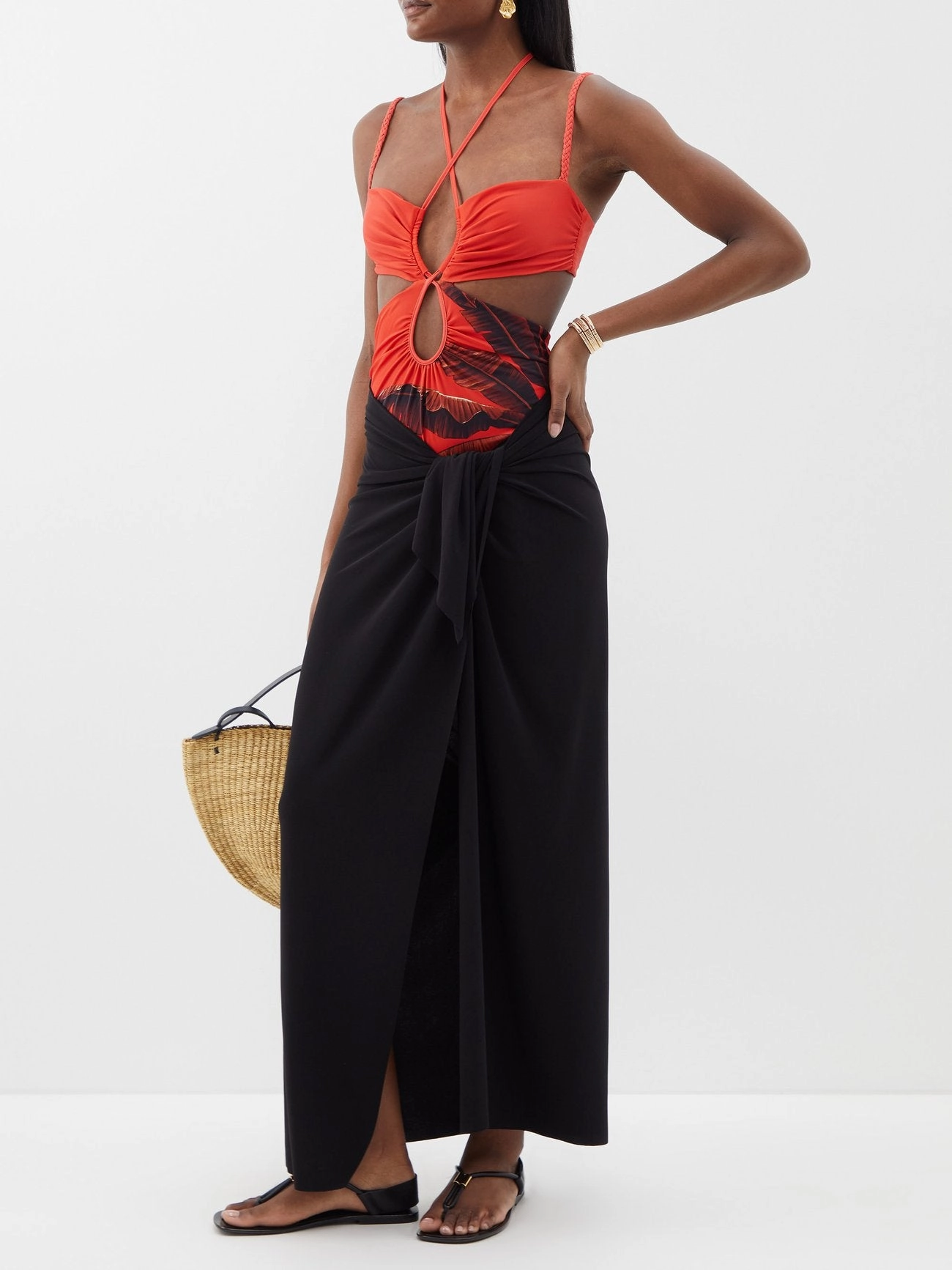 JOHANNA ORTIZ Banana Red Cocoa Print Cut-Out Strappy Swimsuit