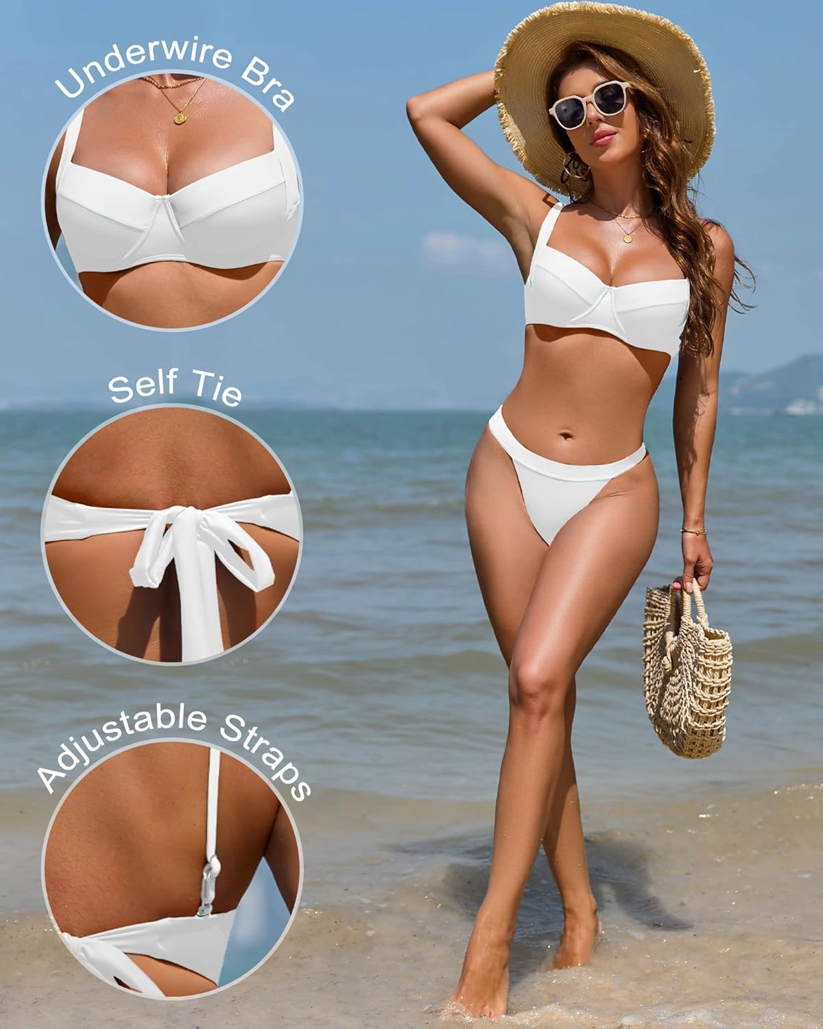 Jolefile Women Underwire Bikini Tops Color Block Swimsuit Tops Molded Cups Push Up Bathing Suit Adjustable Tie Back Swim Top