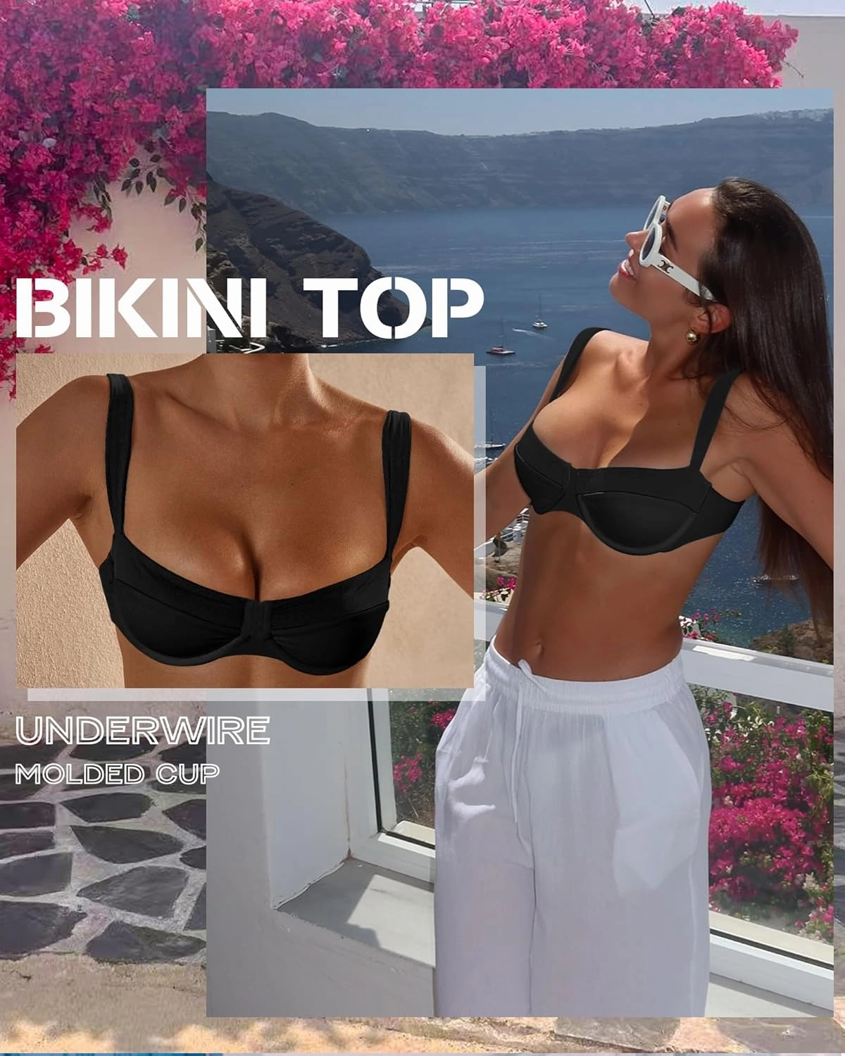 Jolefile Women Underwire Bikini Tops Color Block Swimsuit Tops Molded Cups Push Up Bathing Suit Adjustable Tie Back Swim Top
