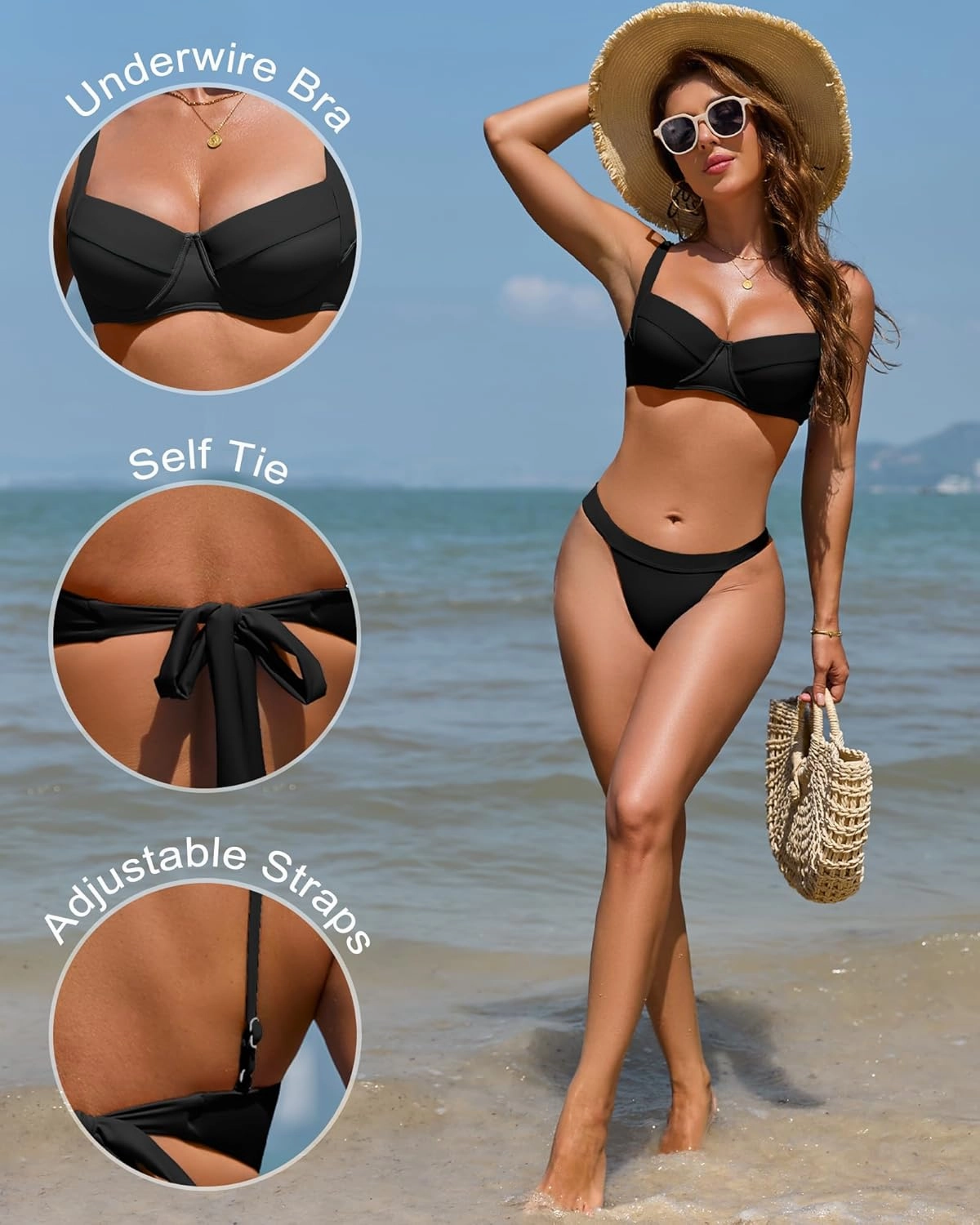 Jolefile Women Underwire Bikini Tops Color Block Swimsuit Tops Molded Cups Push Up Bathing Suit Adjustable Tie Back Swim Top