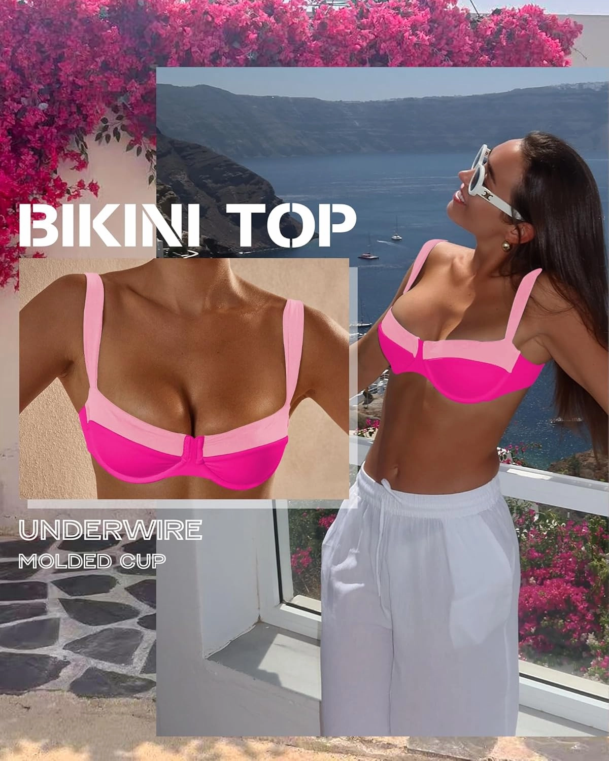 Jolefile Women Underwire Bikini Tops Color Block Swimsuit Tops Molded Cups Push Up Bathing Suit Adjustable Tie Back Swim Top