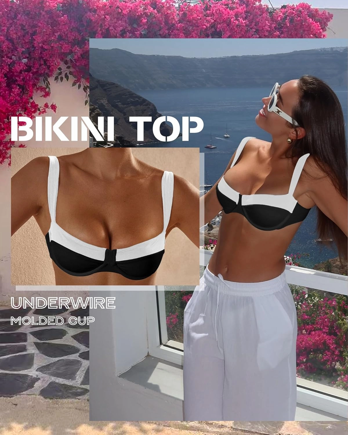 Jolefile Women Underwire Bikini Tops Color Block Swimsuit Tops Molded Cups Push Up Bathing Suit Adjustable Tie Back Swim Top