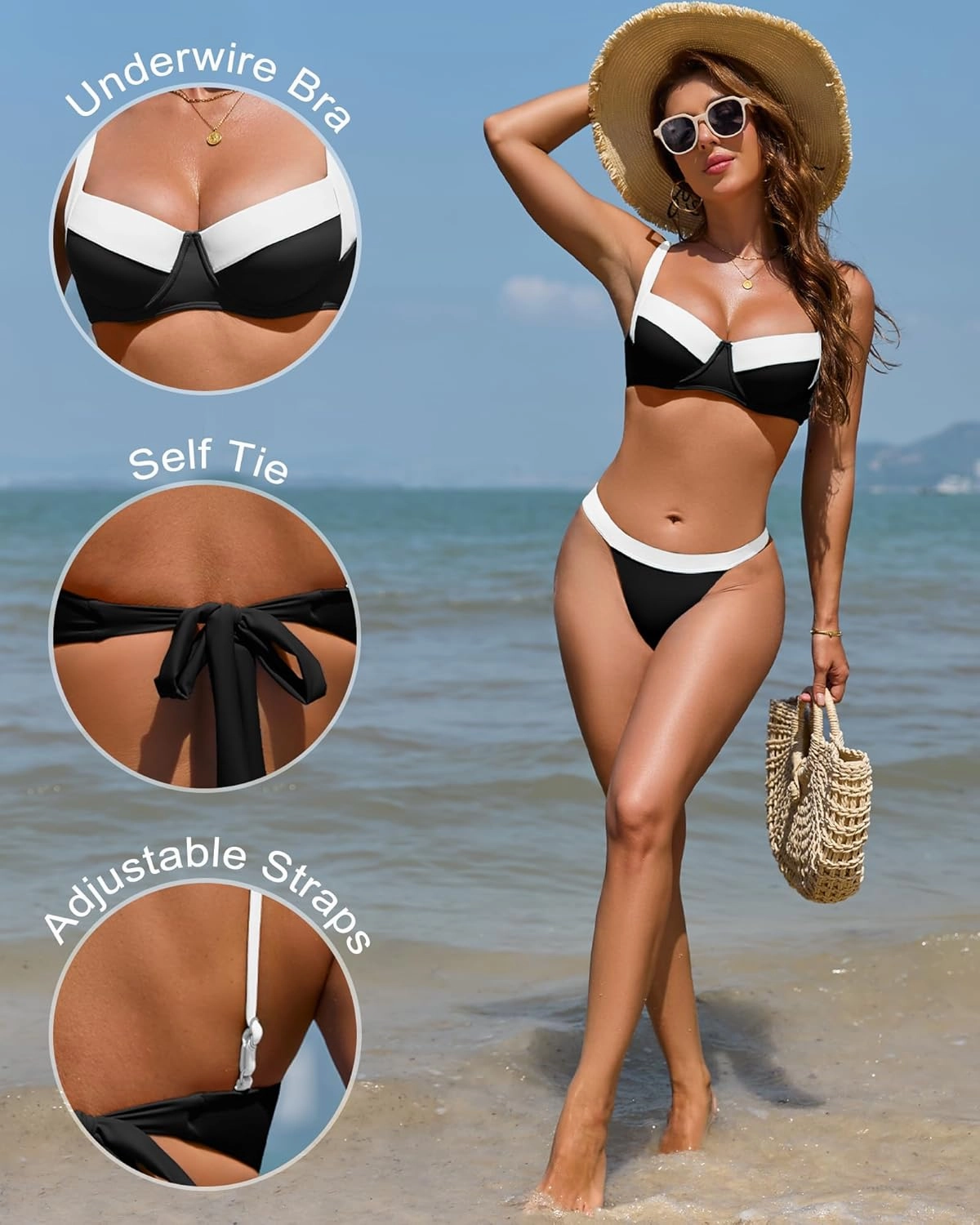 Jolefile Women Underwire Bikini Tops Color Block Swimsuit Tops Molded Cups Push Up Bathing Suit Adjustable Tie Back Swim Top