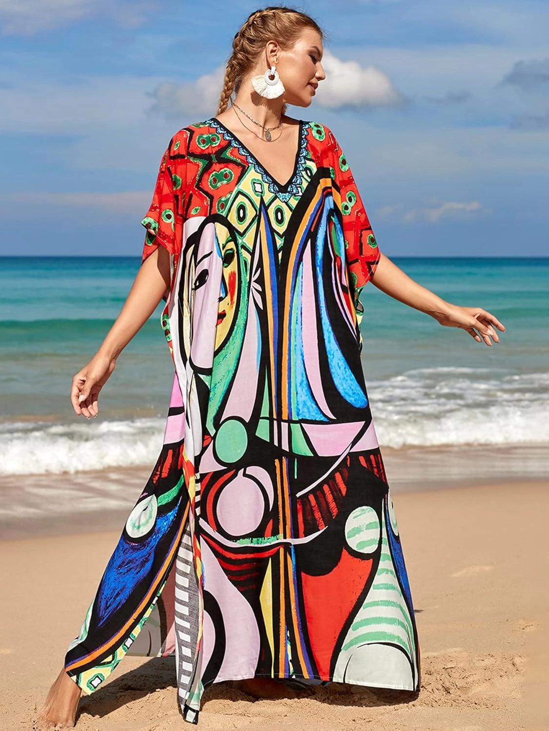 Kaftan Dresses for Women Plus Size Lightweight Swimsuit Cover up Batwing Sleeve Print Loungewear Beach Robe