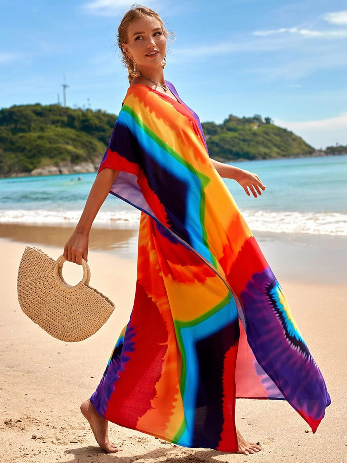 Kaftan Dresses for Women Plus Size Lightweight Swimsuit Cover up Batwing Sleeve Print Loungewear Beach Robe