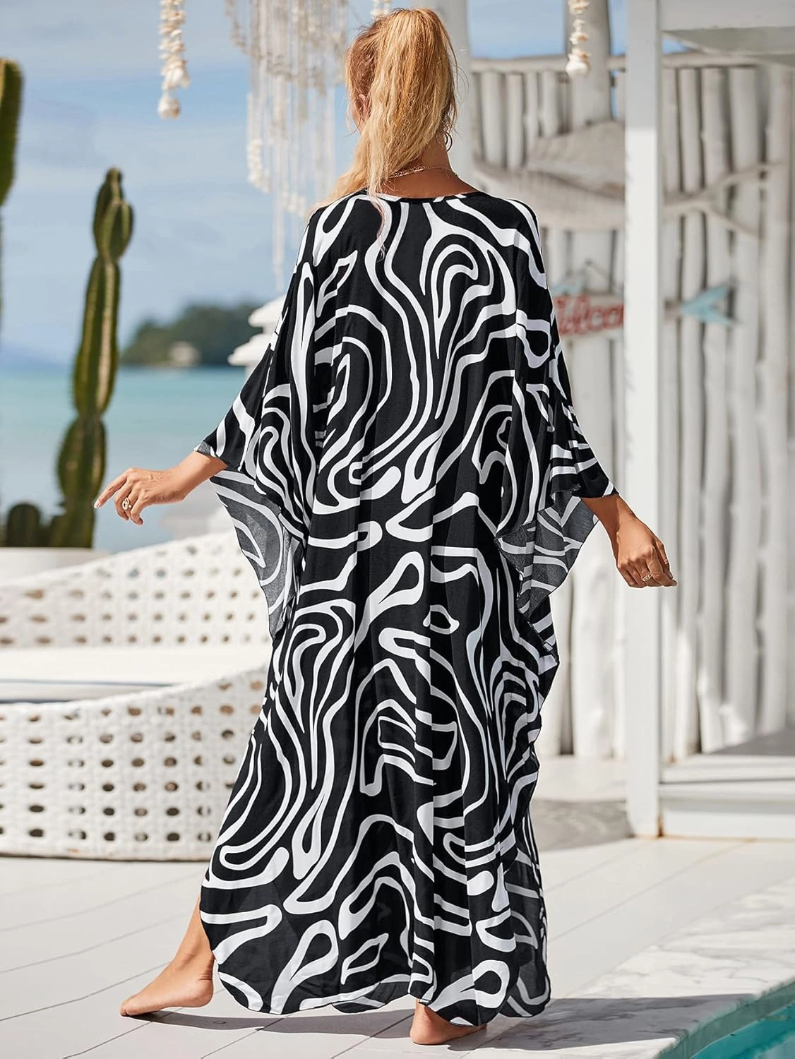 Kaftan Dresses for Women Plus Size Lightweight Swimsuit Cover up Batwing Sleeve Print Loungewear Beach Robe