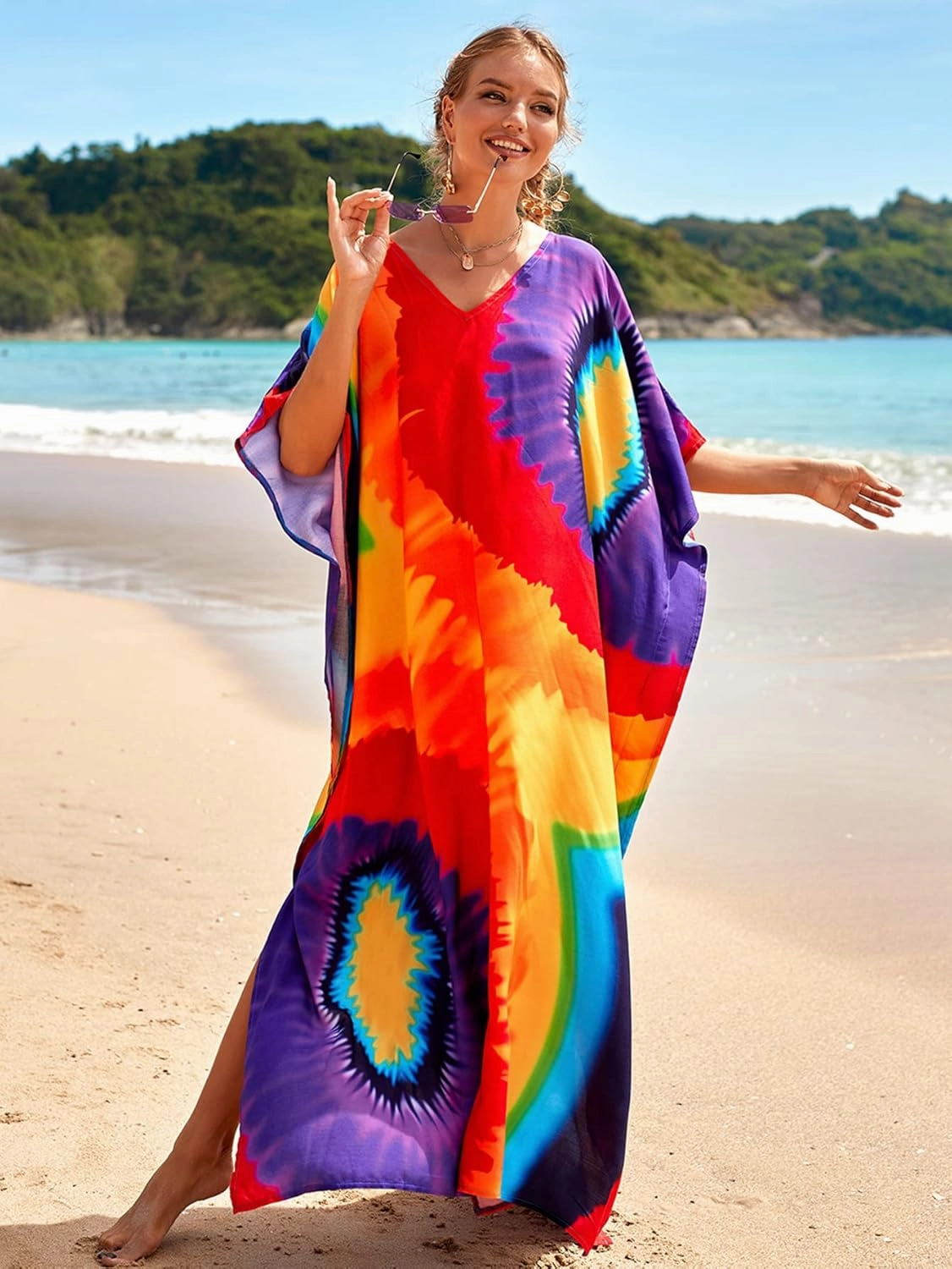 Kaftan Dresses for Women Plus Size Lightweight Swimsuit Cover up Batwing Sleeve Print Loungewear Beach Robe