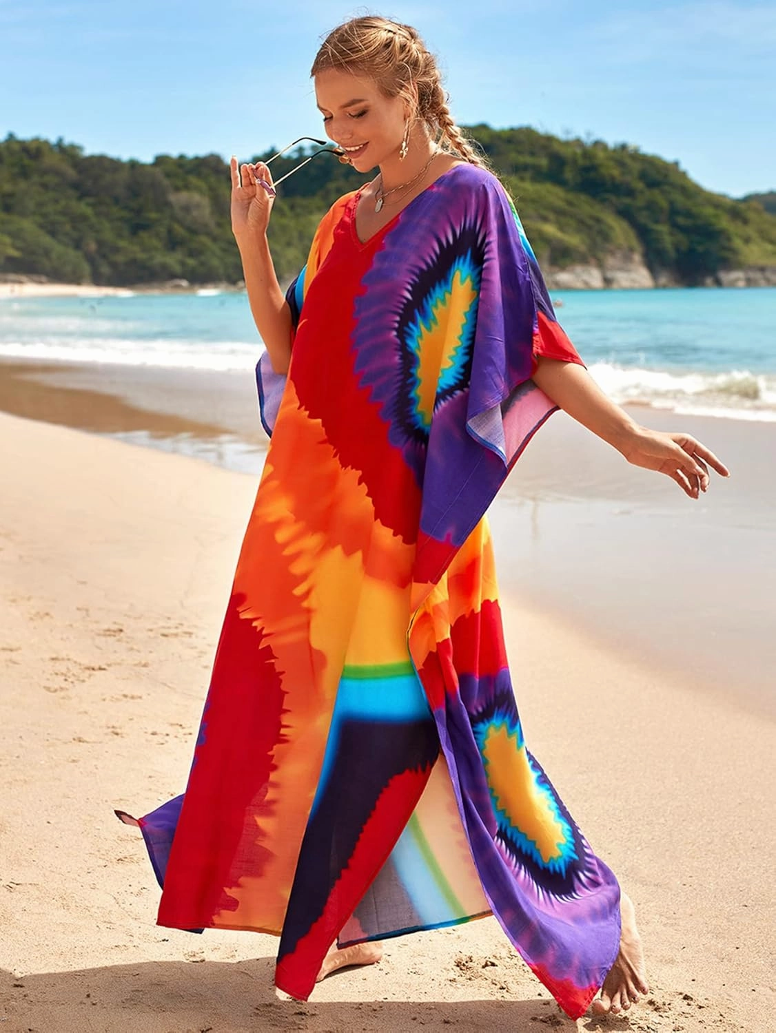 Kaftan Dresses for Women Plus Size Lightweight Swimsuit Cover up Batwing Sleeve Print Loungewear Beach Robe