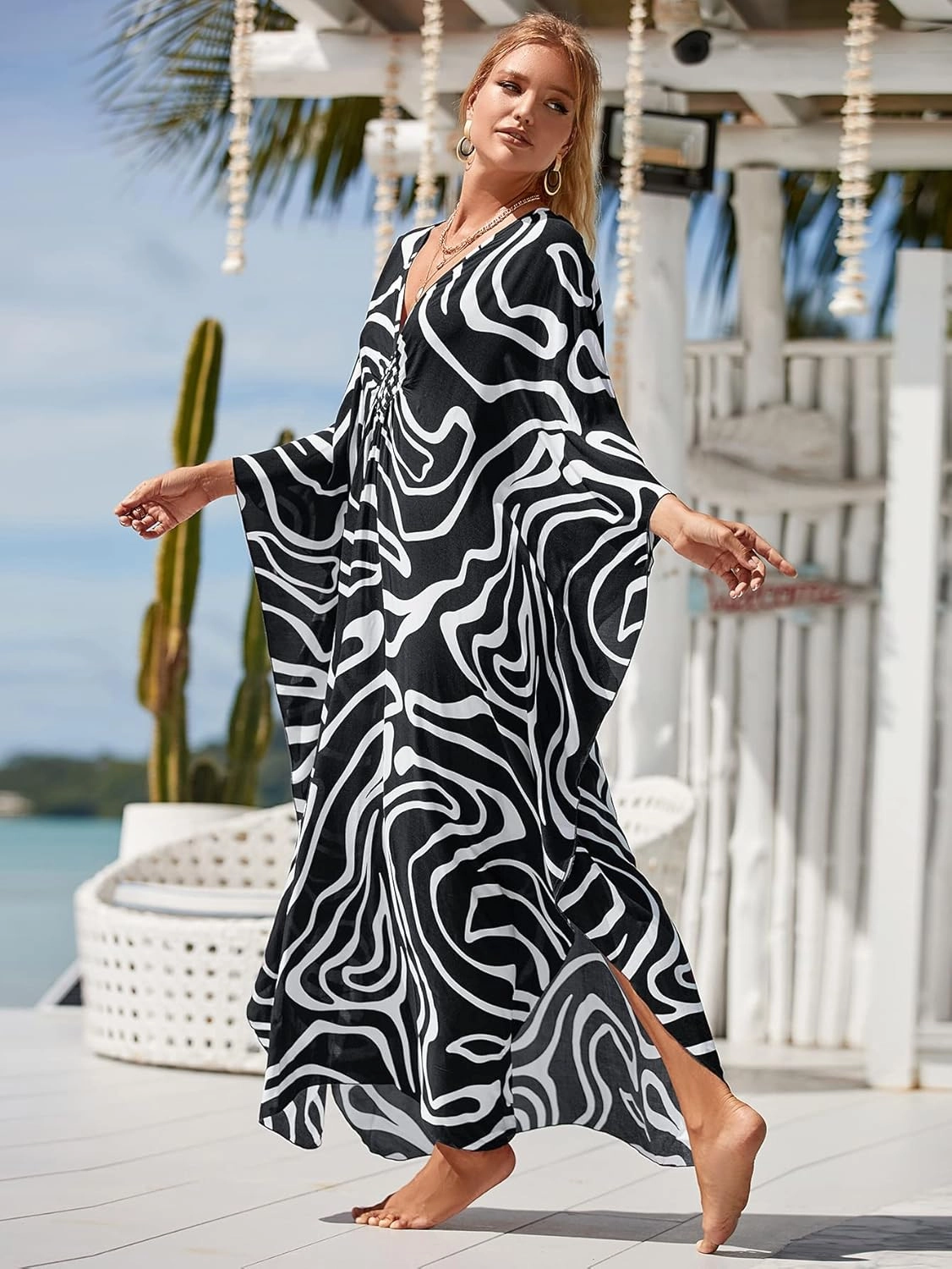 Kaftan Dresses for Women Plus Size Lightweight Swimsuit Cover up Batwing Sleeve Print Loungewear Beach Robe