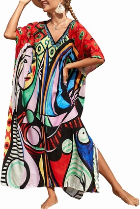 Kaftan Dresses for Women Plus Size Lightweight Swimsuit Cover up Batwing Sleeve Print Loungewear Beach Robe