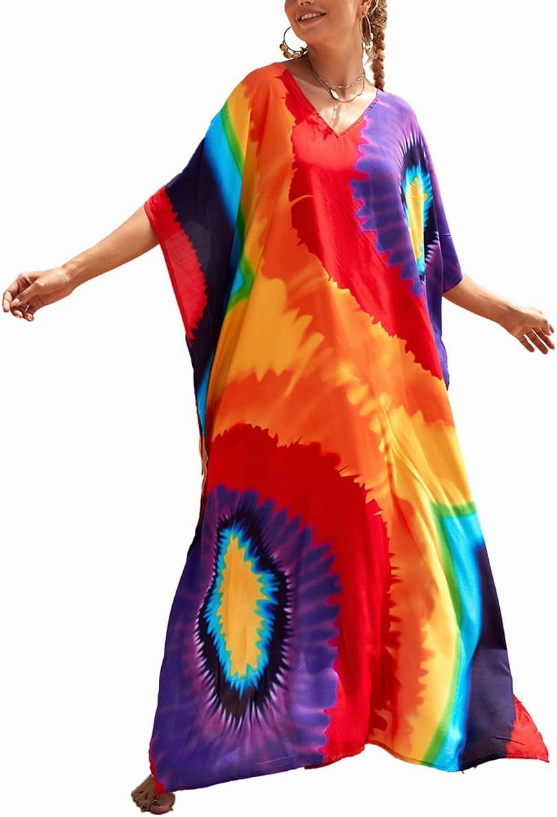 Kaftan Dresses for Women Plus Size Lightweight Swimsuit Cover up Batwing Sleeve Print Loungewear Beach Robe