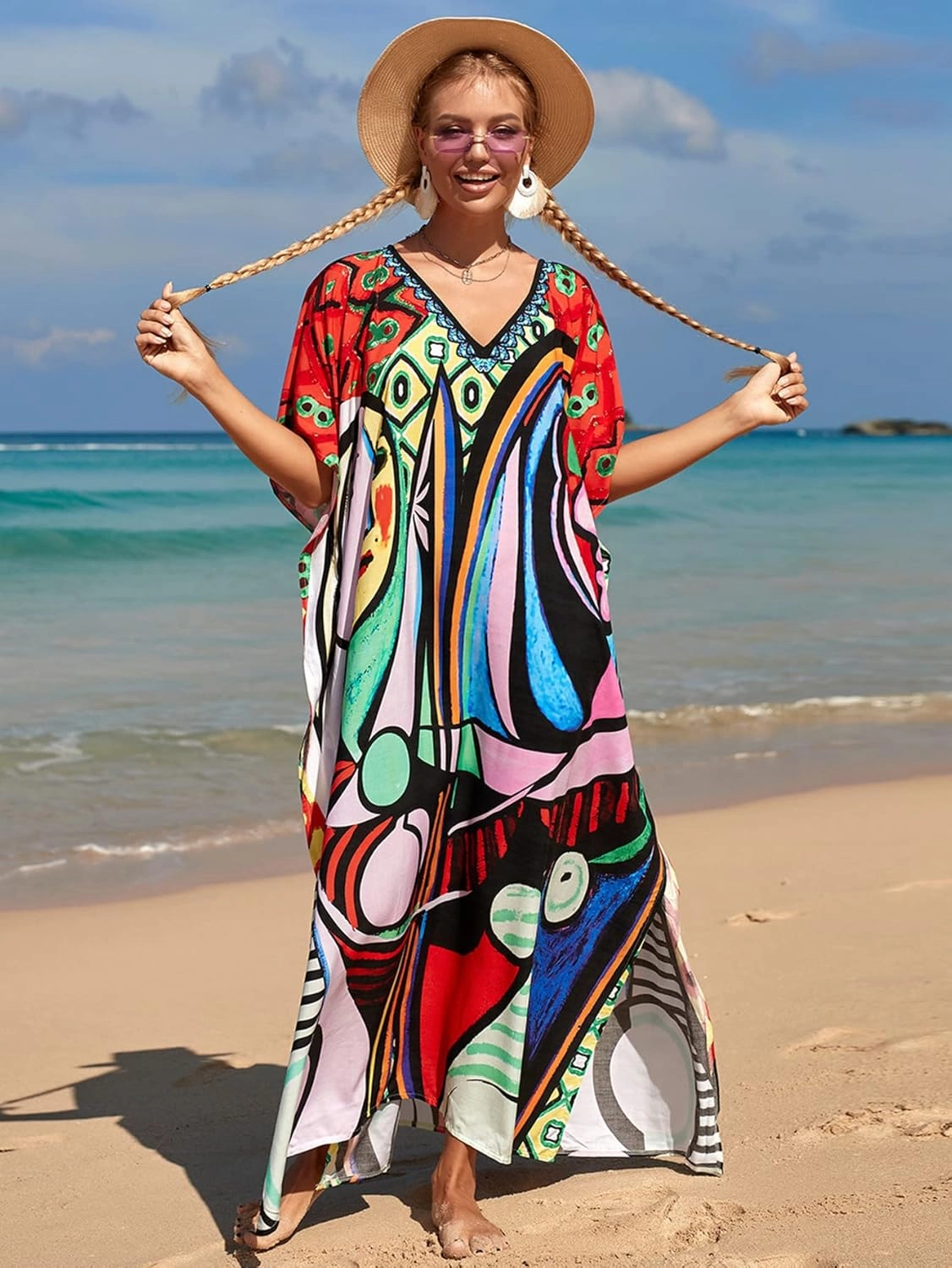 Kaftan Dresses for Women Plus Size Lightweight Swimsuit Cover up Batwing Sleeve Print Loungewear Beach Robe