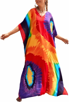 Kaftan Dresses for Women Plus Size Lightweight Swimsuit Cover up Batwing Sleeve Print Loungewear Beach Robe