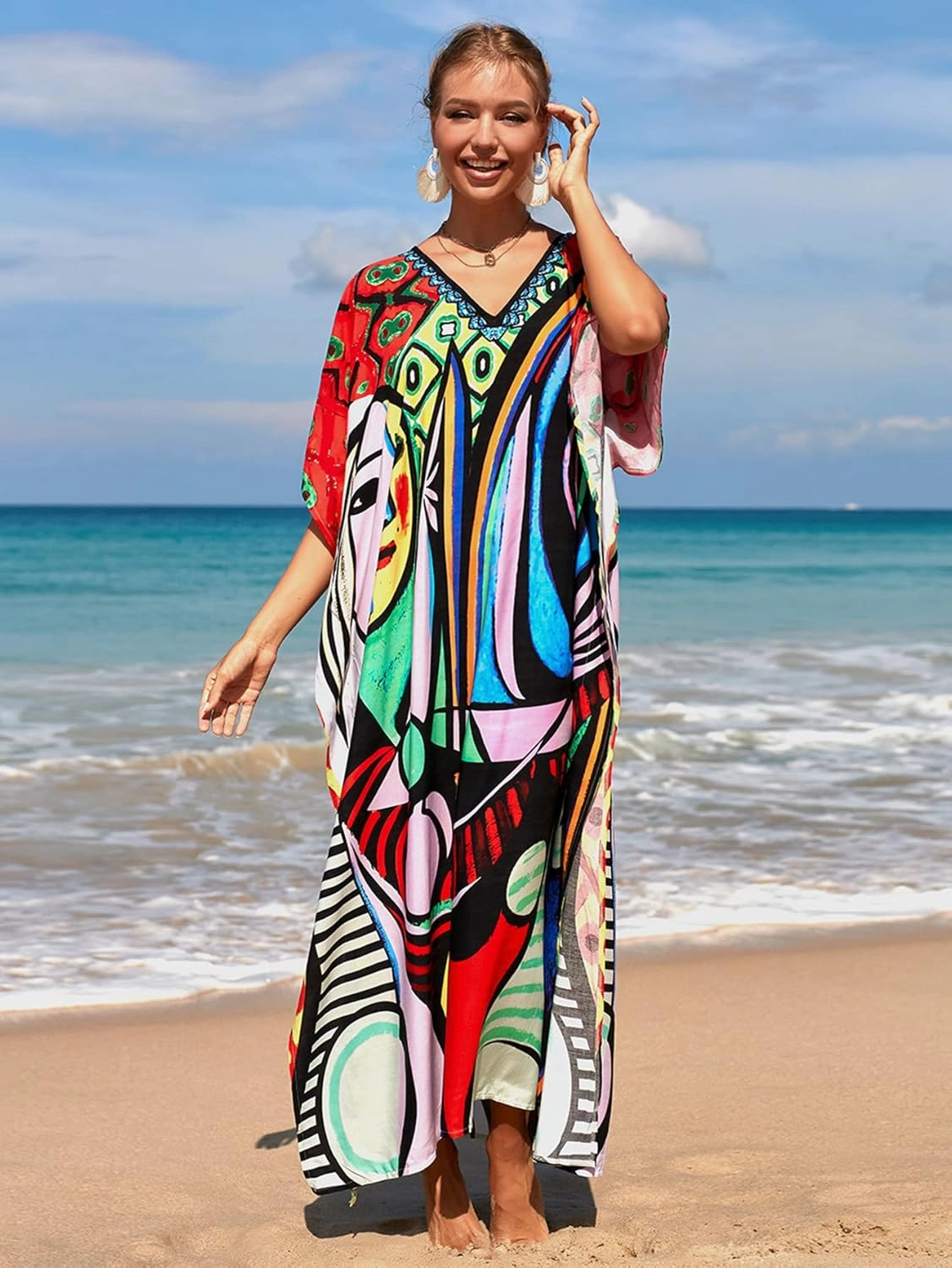 Kaftan Dresses for Women Plus Size Lightweight Swimsuit Cover up Batwing Sleeve Print Loungewear Beach Robe